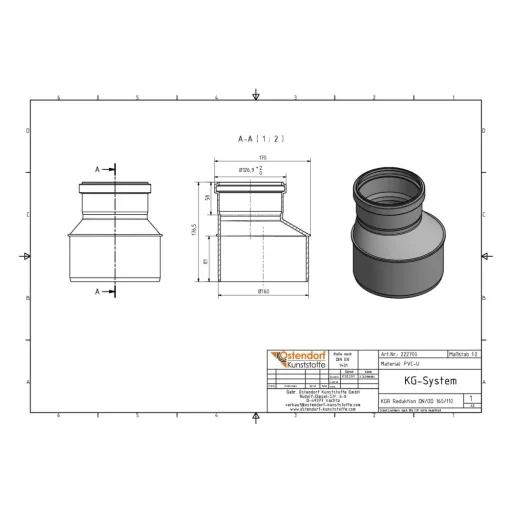 KG Rohr Reduktion 160/110, Abwasserrohr Reduzierung, PVC Kanalrohr