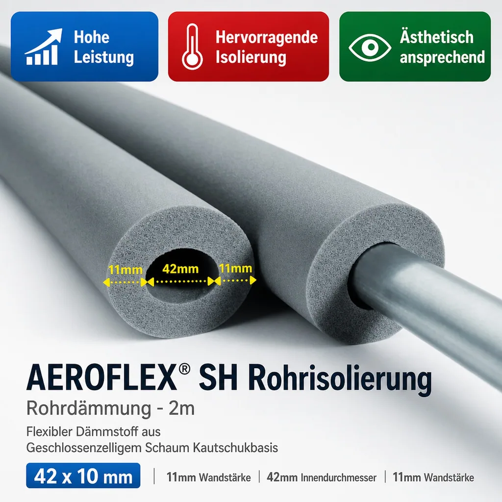 AEROFLEX® SH Pipe Insulation, Pipe Lagging - 2m, Flexible Insulation Material from Closed-Cell Foam Rubber Base, Black - 42 x 10 mm