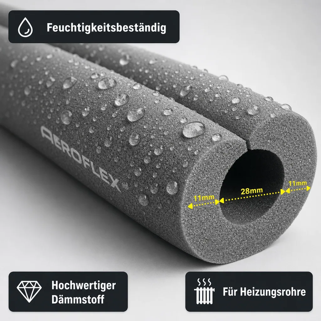 AEROFLEX® SH XT Rohrisolierung, Rohrdämmung - 2 m, selbstklebend, flexibles Dämmmaterial aus geschlossenzelligem Schaumkautschuk, schwarz - 28 x 10 mm
