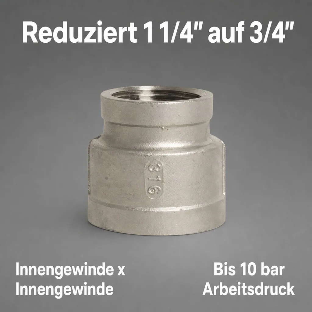 Edelstahl Reduziermuffe, Gewindefitting, 1 1/4" IG x 3/4" IG