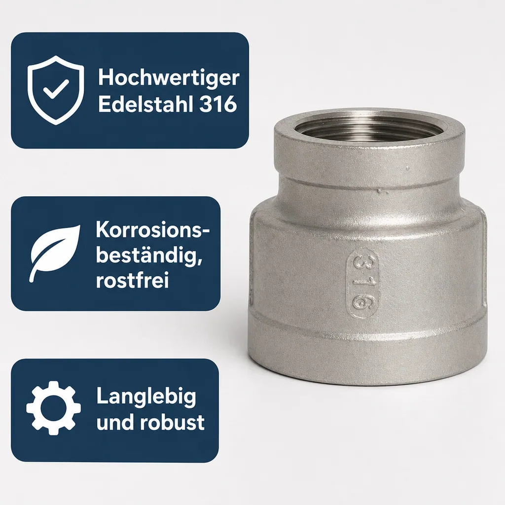 Edelstahl Reduziermuffe, Gewindefitting, 1 1/4" IG x 3/4" IG