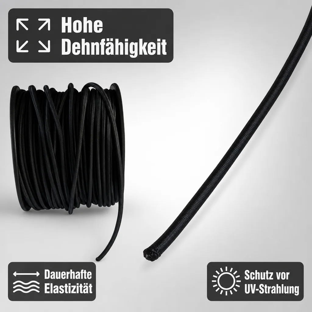 Expanderseil 10 mm, schwarz, 1 Meter, Gummiseil, UV beständig, Planenbefestigung