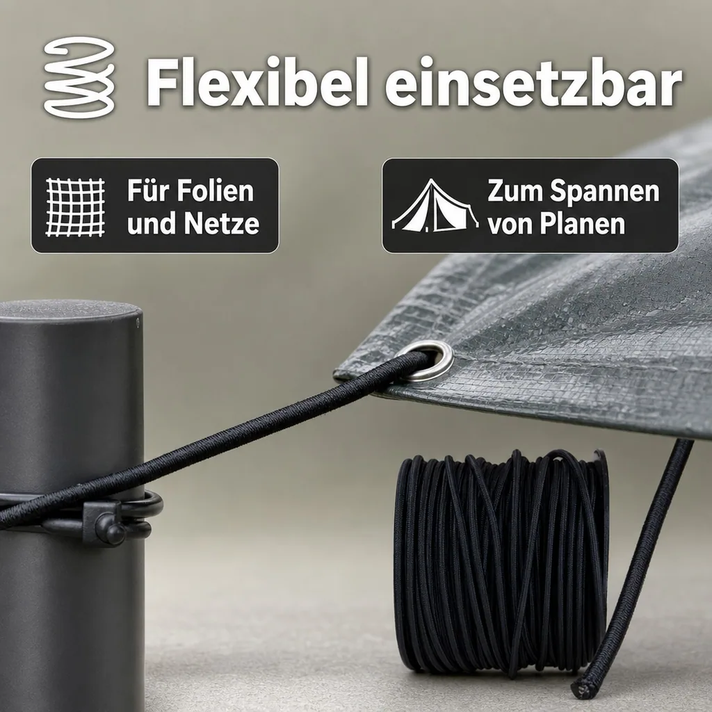 Expanderseil 10 mm, schwarz, 1 Meter, Gummiseil, UV beständig, Planenbefestigung