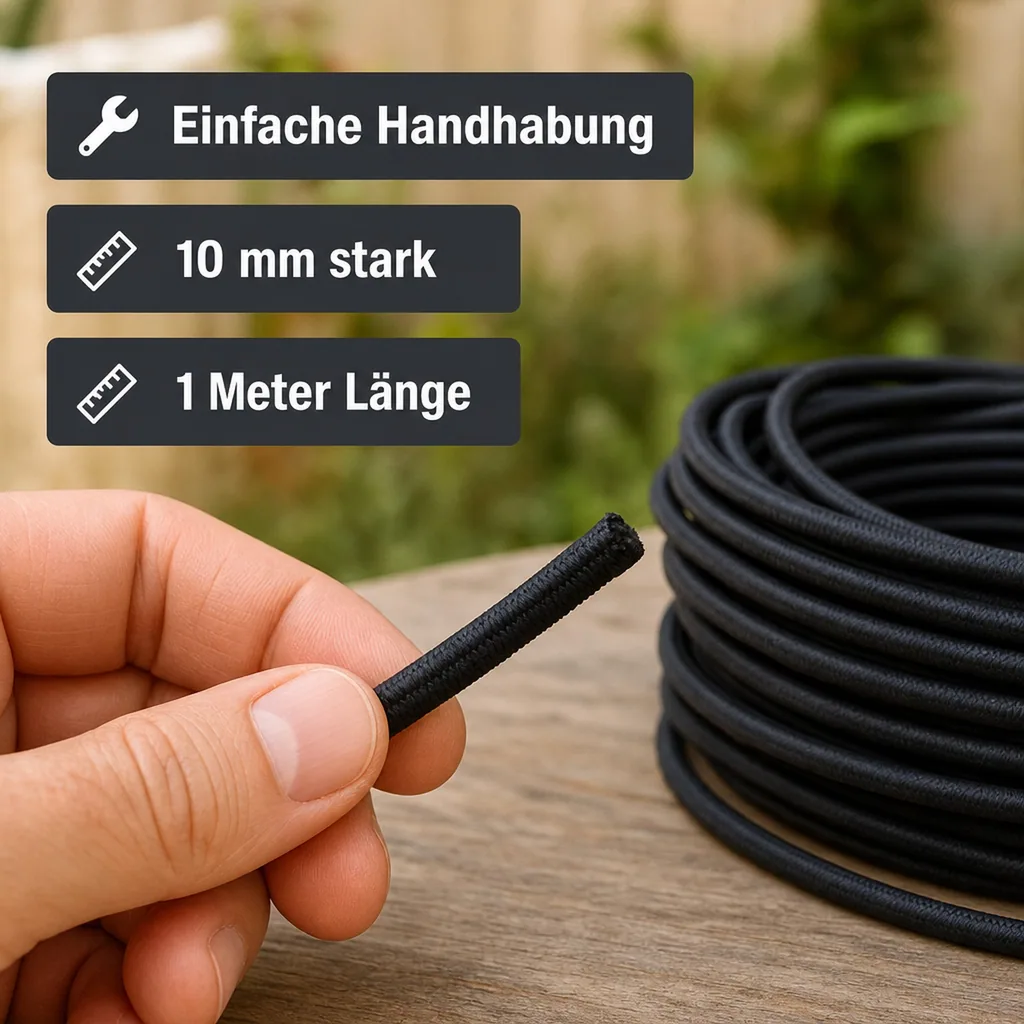 Expanderseil 10 mm, schwarz, 1 Meter, Gummiseil, UV beständig, Planenbefestigung