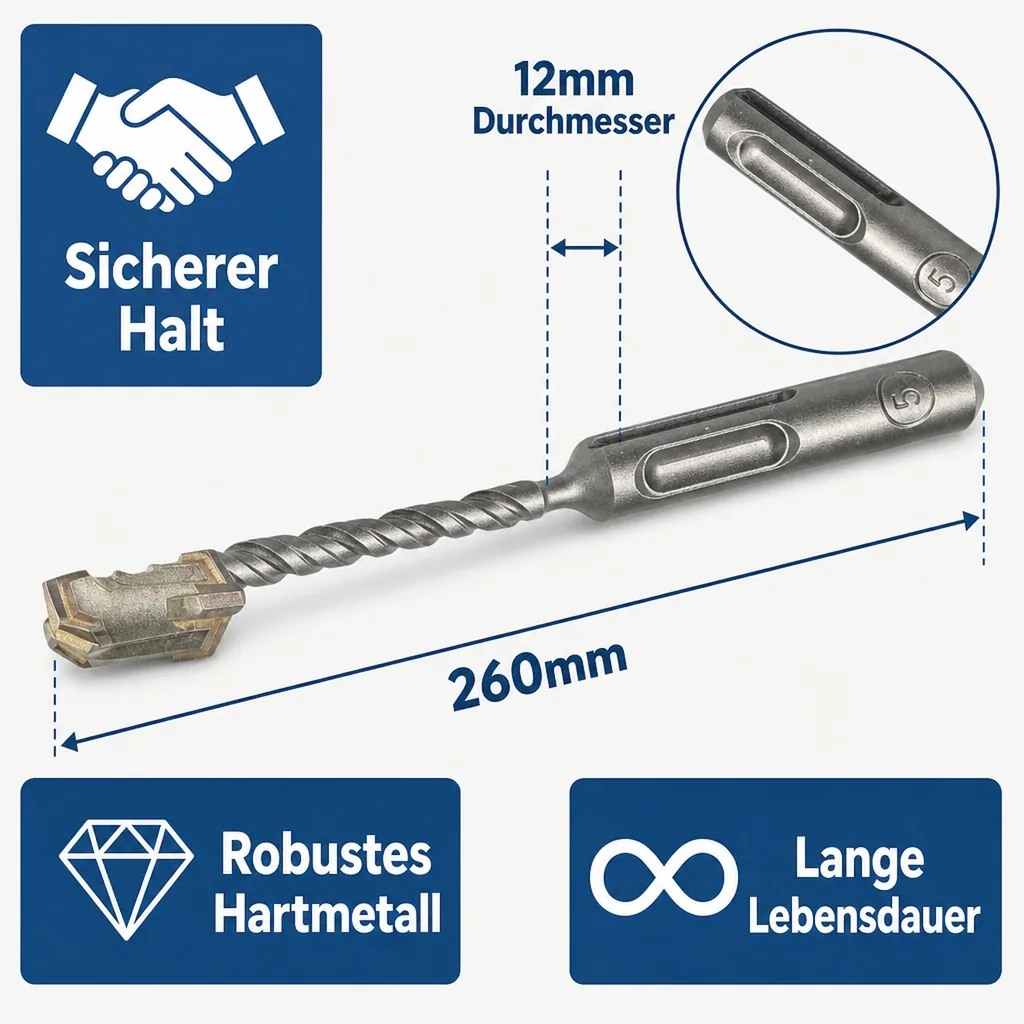 Hammerbohrer SDS Plus, 12mm x 260mm, 4-Schneider, Betonbohrer SDS Plus