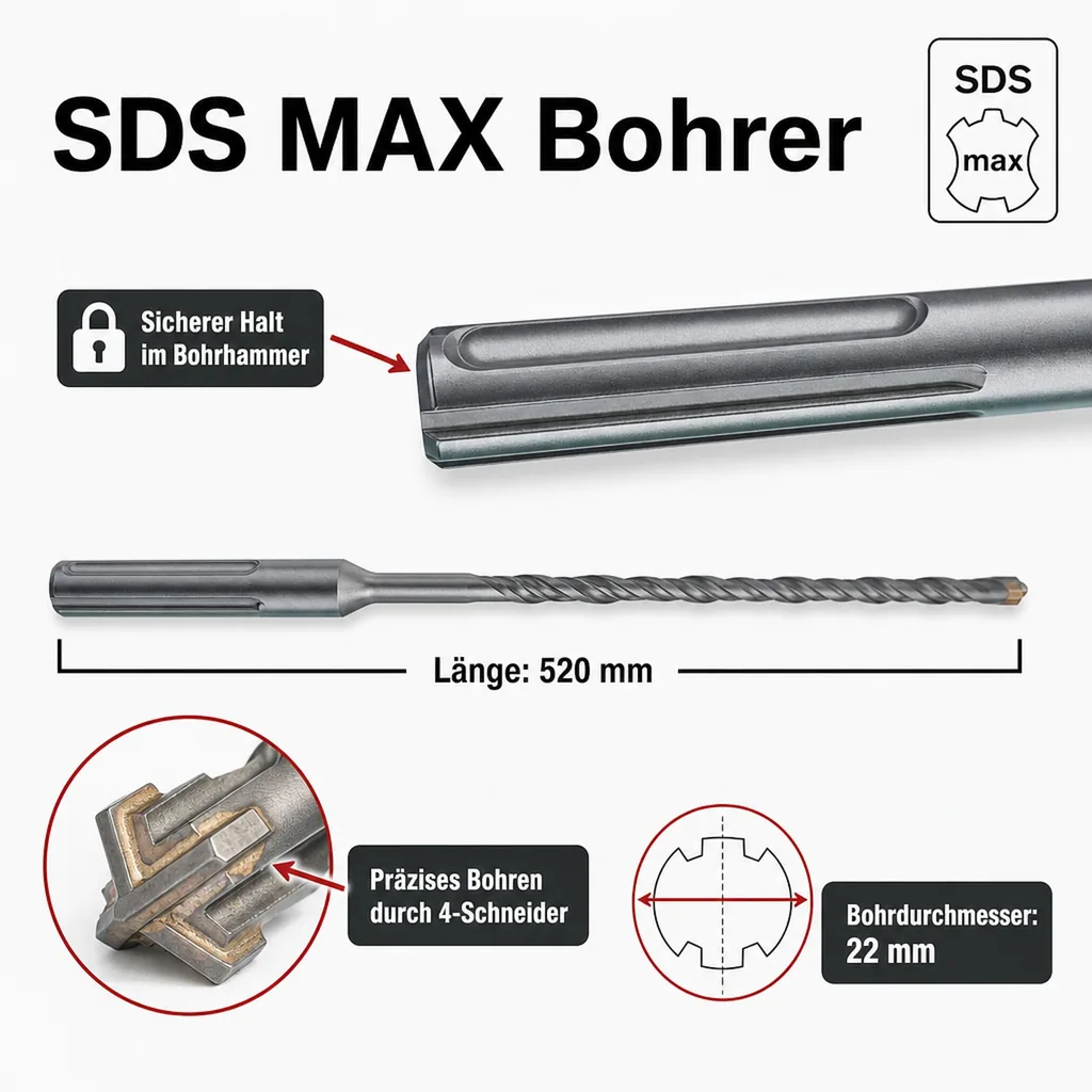 SDS Max Hammerbohrer, 22mm, 520mm, 4-Schneider, Betonbohrer
