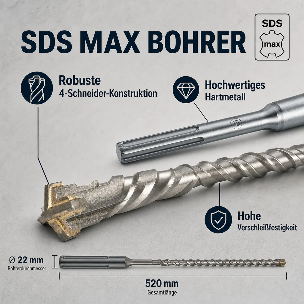 SDS Max Hammerbohrer, 22mm, 520mm, 4-Schneider, Betonbohrer