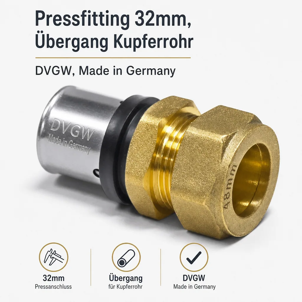 Pressfitting 32mm, Übergang Kupferrohr, DVGW, Made in Germany
