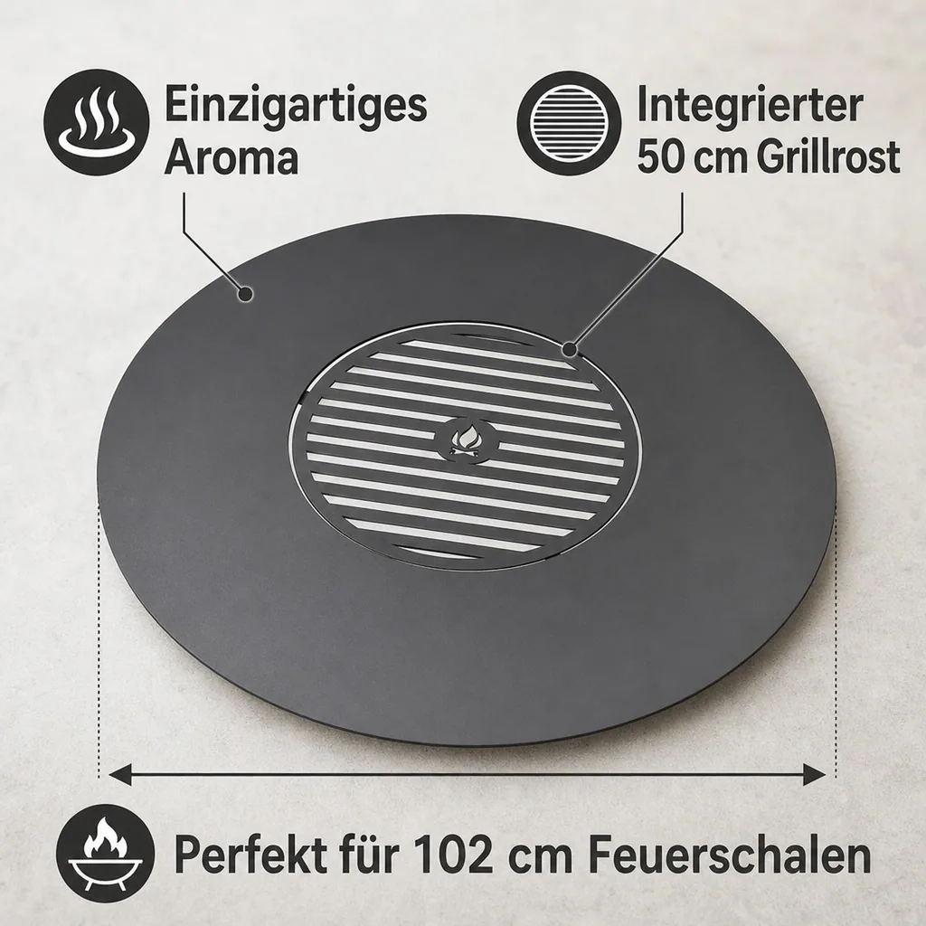 Grillplatte Feuerschale 102 cm, mit Grillrost 50 cm, Naturstahl