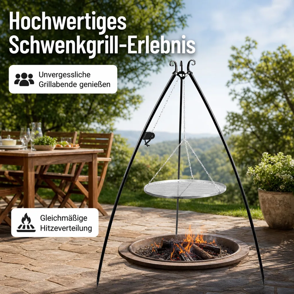 Schwenkgrill Set, Dreibein Grill, Edelstahl Grillrost 50 cm, mit Handkurbel