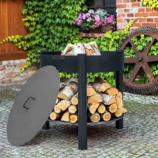 Feuerschale, 70 cm, hoch, aus Naturstahl, mit Holzfach