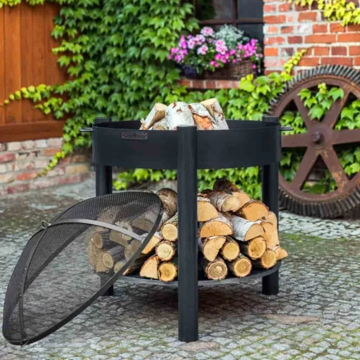 Feuerschale, 70 cm, hoch, aus Naturstahl, mit Holzfach