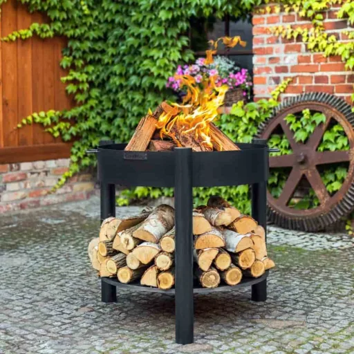 Feuerschale, 70 cm, hoch, aus Naturstahl, mit Holzfach