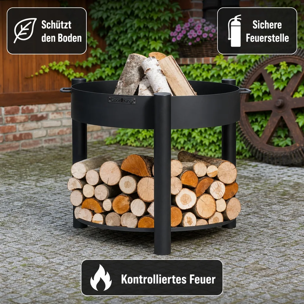 Feuerschale, 70 cm, hoch, aus Naturstahl, mit Holzfach