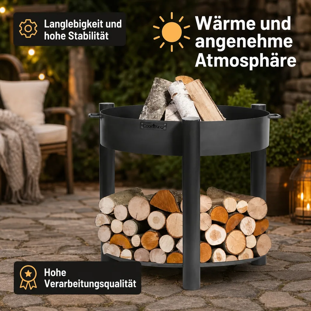 Feuerschale, 70 cm, hoch, aus Naturstahl, mit Holzfach