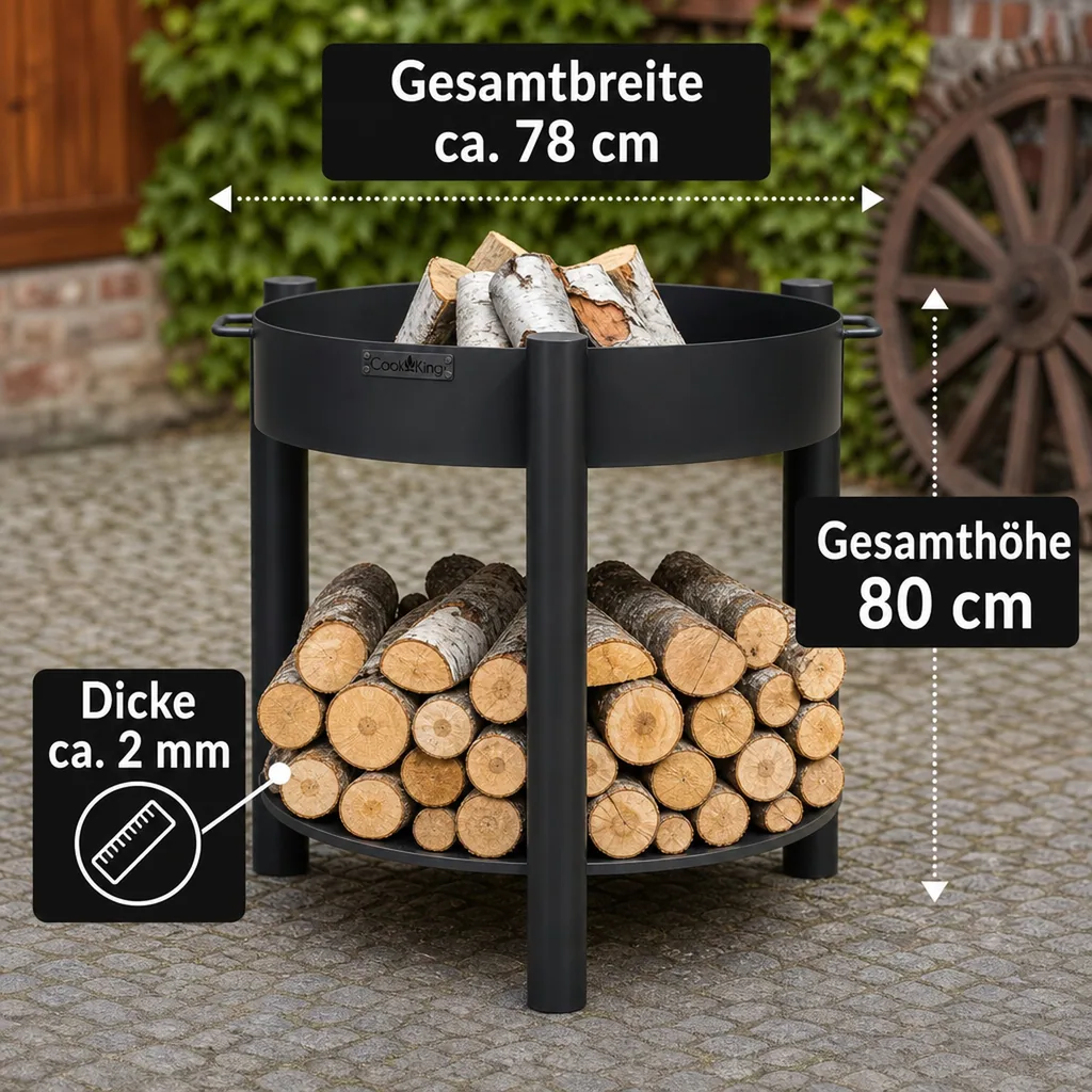 Feuerschale, 70 cm, hoch, aus Naturstahl, mit Holzfach