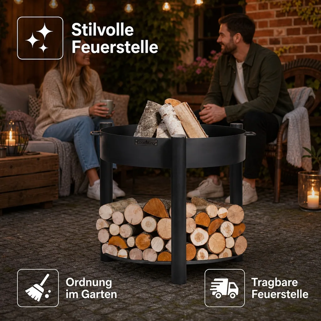 Feuerschale, 70 cm, hoch, aus Naturstahl, mit Holzfach