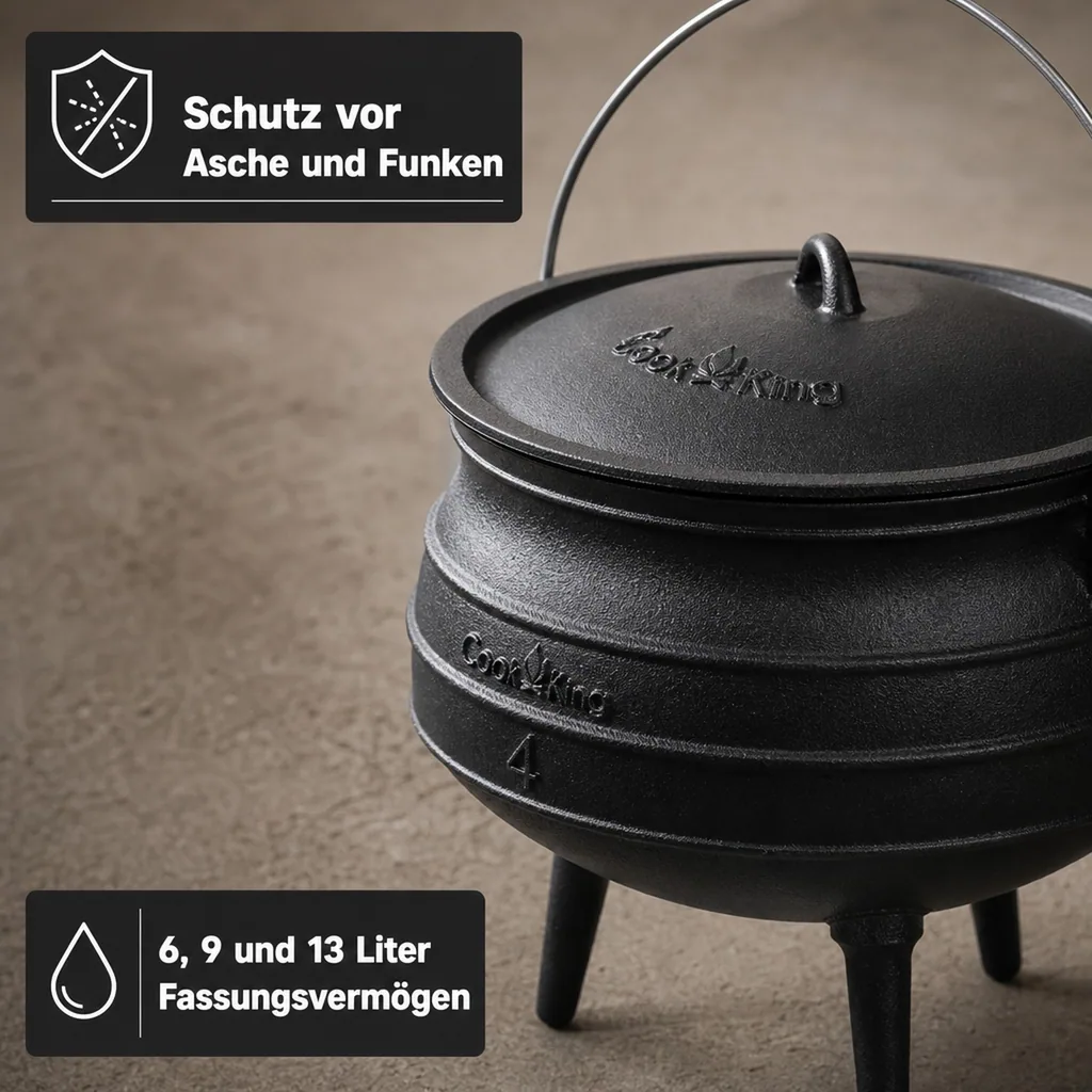 Gusseisenkessel 6, 9, 13 L, Feuerkessel, Gulaschkessel, Kessel mit Deckel