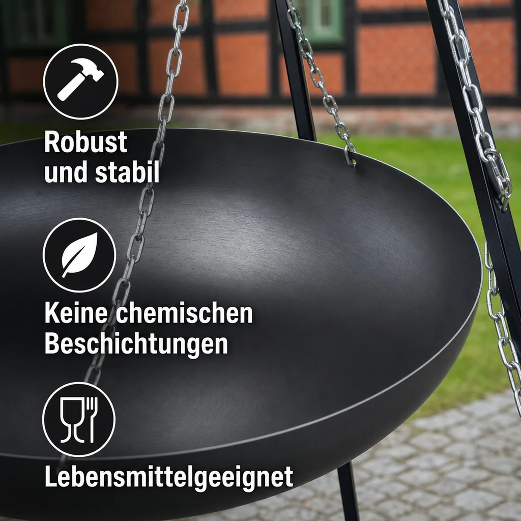 Wok Pfanne 70 cm, Naturstahl, für Dreibein & Feuerstelle