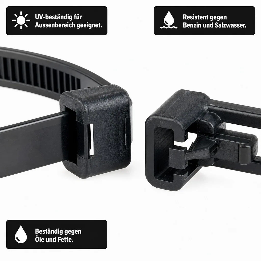 Kabelbinder, wiederlösbar, 100 Stück, 100mm, schwarz, industriequalität