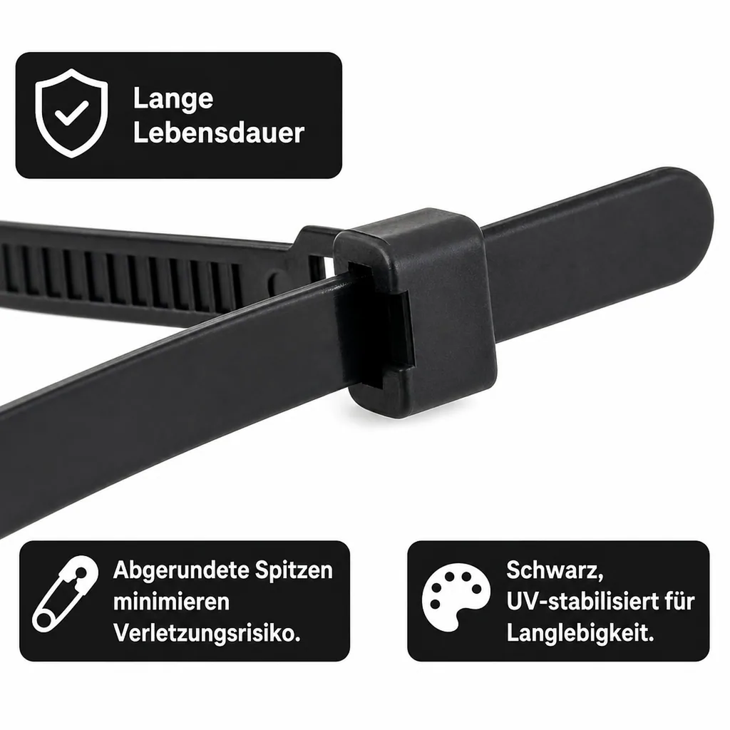 Kabelbinder, wiederlösbar, 100 Stück, 100mm, schwarz, industriequalität