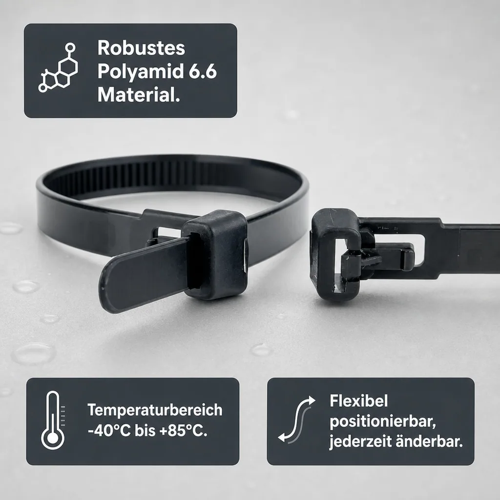 Kabelbinder, wiederlösbar, 100 Stück, 100mm, schwarz, industriequalität