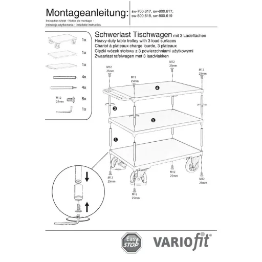 Schwerlast Tischwagen 1000 kg, 3 Ladeflächen, Industrie Stahlwagen