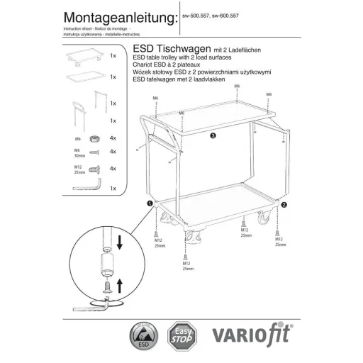 ESD Tischwagen, Werkstattwagen ESD, 2 Ladeflächen, EasySTOP, 250kg Traglast