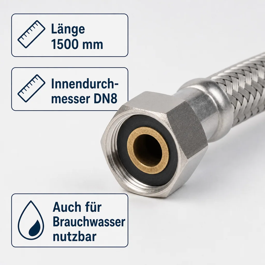 Panzerschlauch 3/8 Zoll, Edelstahl, Flexschlauch, 1500mm, Trinkwasser, DN8