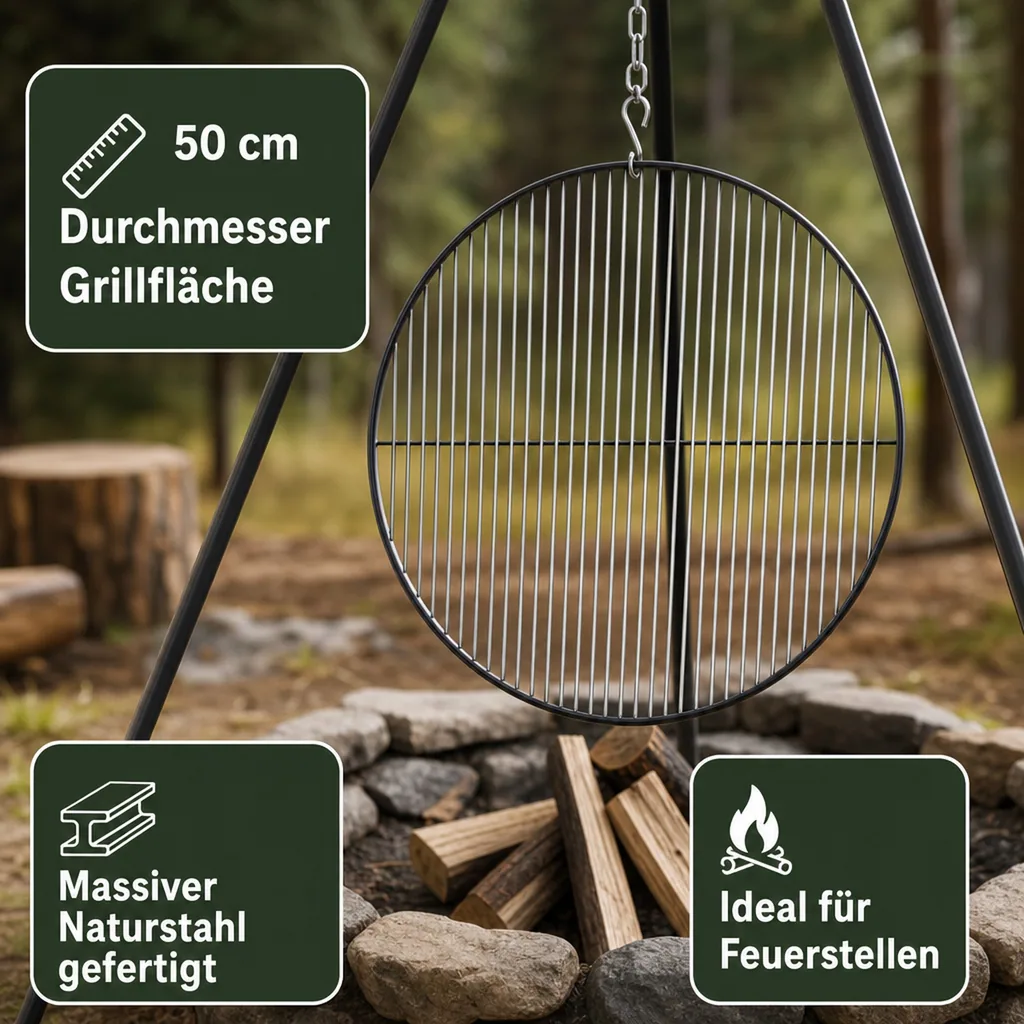 Grillrost 50 cm, Stahl, rund, für Dreibein & Feuerstelle