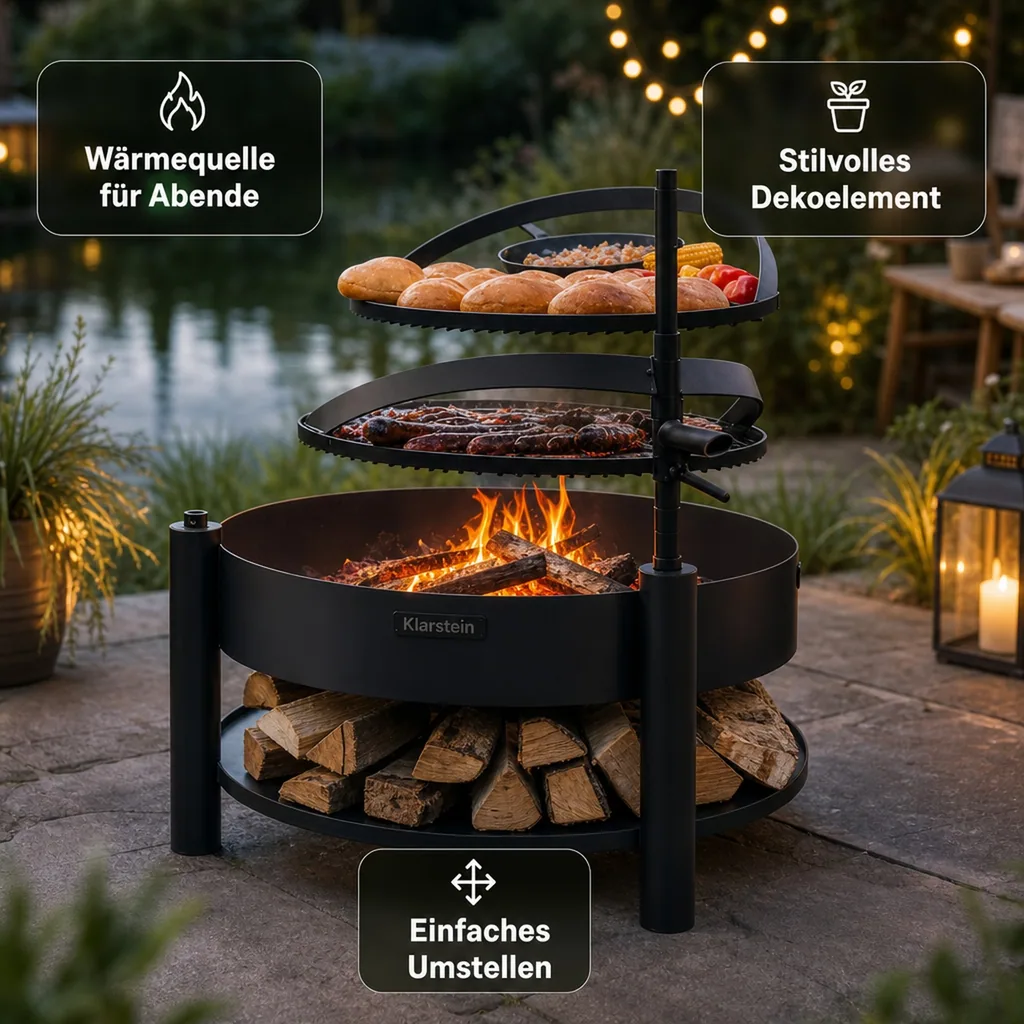 Feuerschale mit Grill, 80cm, Grillrost, multifunktional, Naturstahl