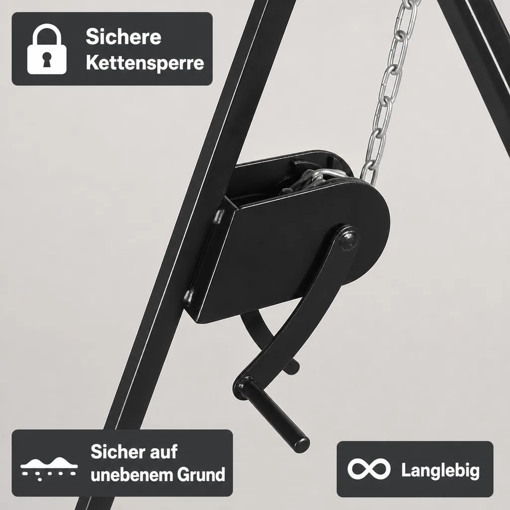 Grill Dreibein mit Kurbel 200cm, Naturstahl
