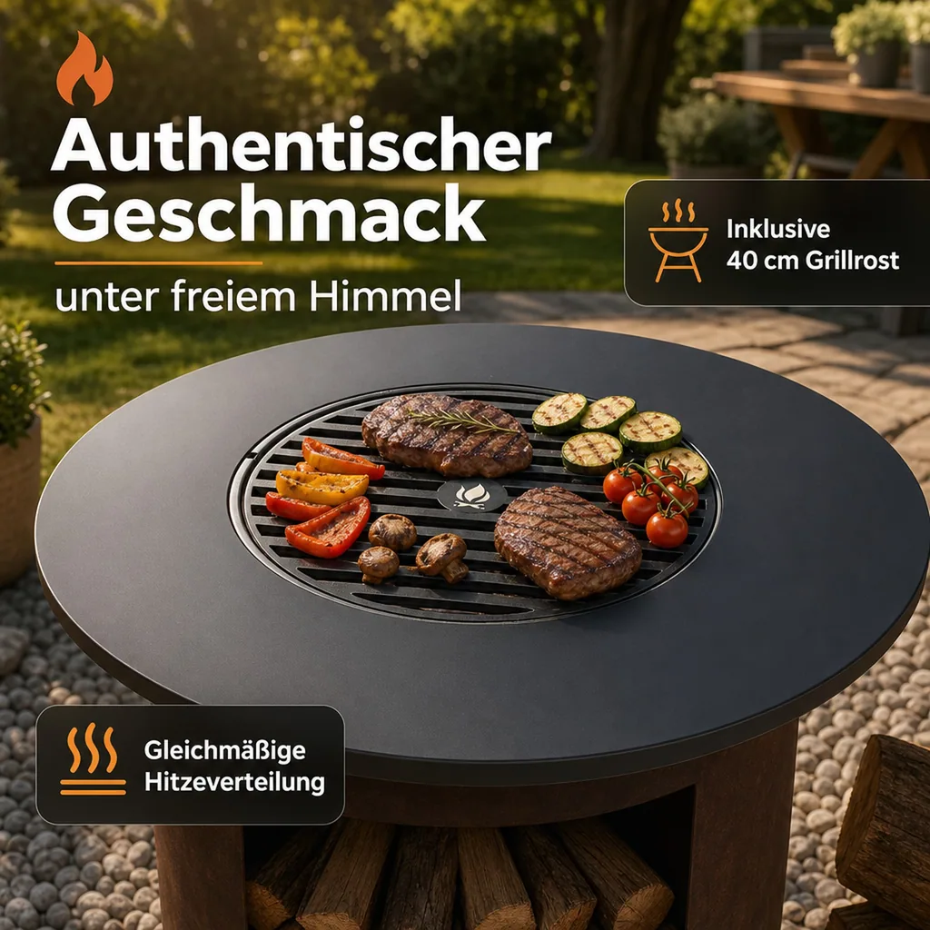 Grillplatte Feuerschale, 82cm, mit Grillrost 40cm, Naturstahl