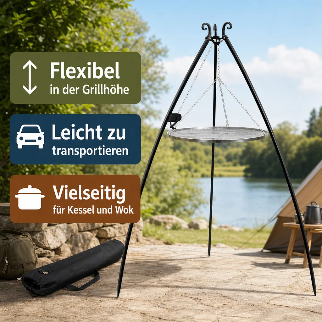Schwenkgrill, Dreibein, Grillrost 60 cm, mit Kurbel, 200cm