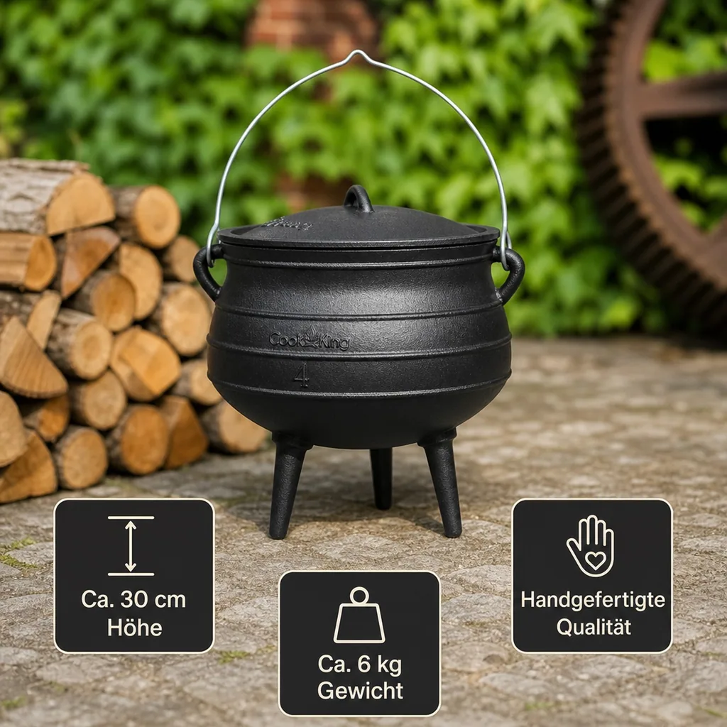 Gusseisenkessel 6 l, Gulaschkessel, Feuertopf, Kochen am offenen Feuer