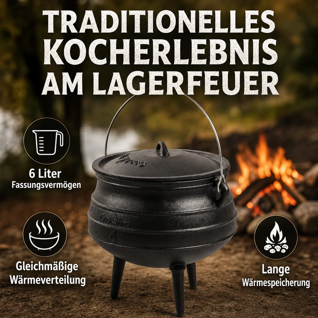 Gusseisenkessel 6 l, Gulaschkessel, Feuertopf, Kochen am offenen Feuer