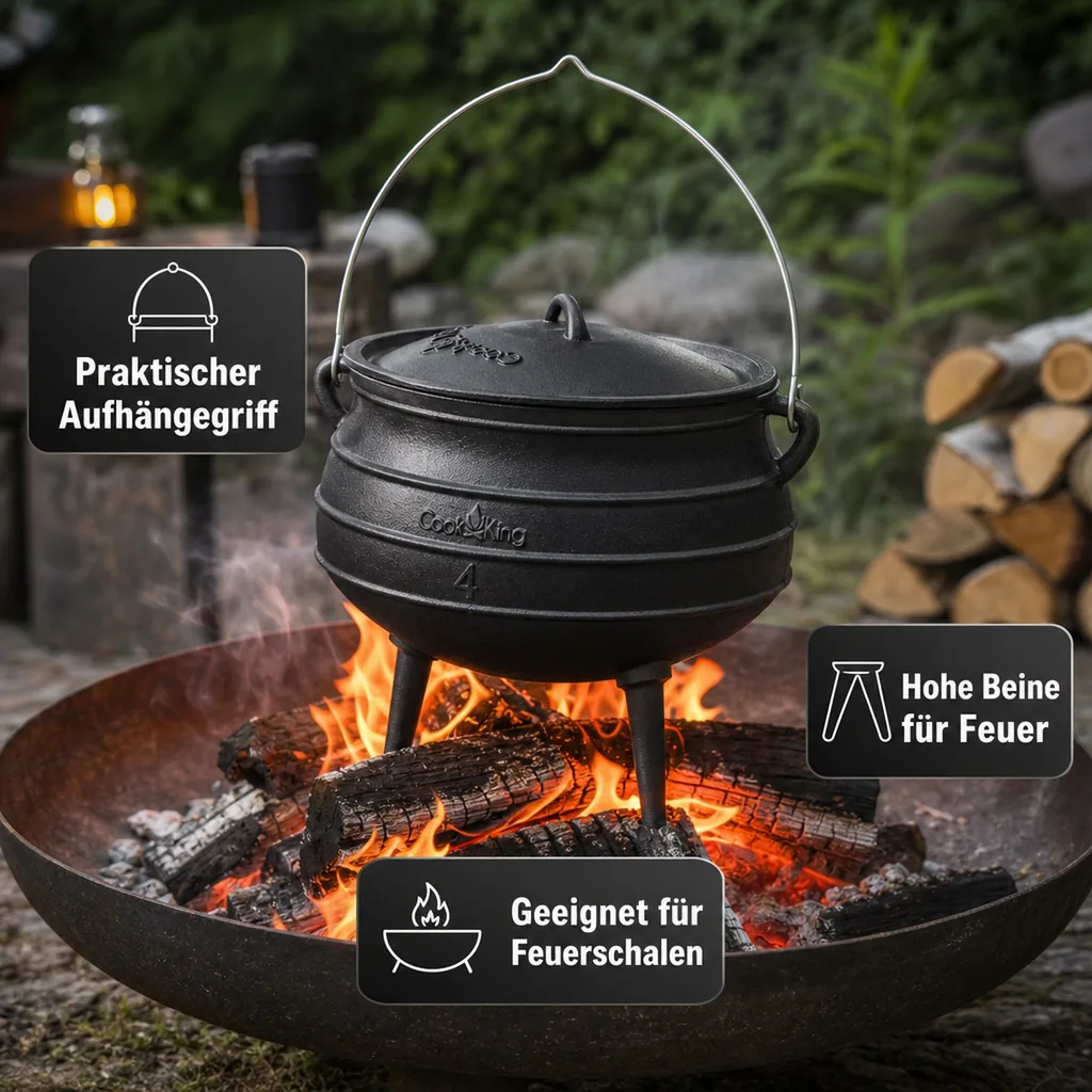 Gusseisenkessel 6 l, Gulaschkessel, Feuertopf, Kochen am offenen Feuer