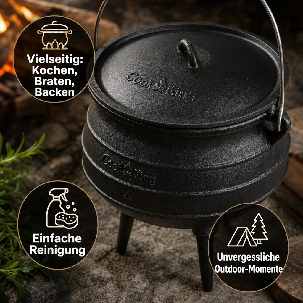 Gusseisenkessel 6 l, Gulaschkessel, Feuertopf, Kochen am offenen Feuer