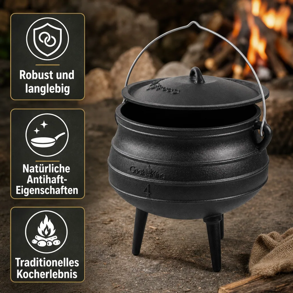 Gusseisenkessel 6 l, Gulaschkessel, Feuertopf, Kochen am offenen Feuer