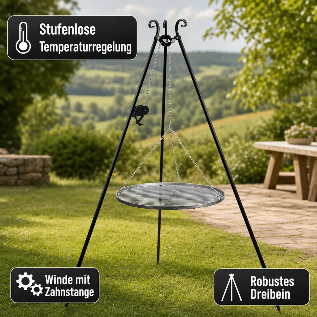 Schwenkgrill mit Dreibein, Edelstahl Grillrost, 70cm, Kurbel