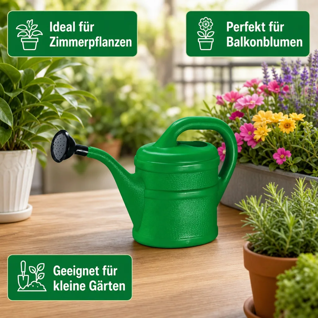 Gießkanne 2 Liter, kleine Kunststoffgießkanne, grün
