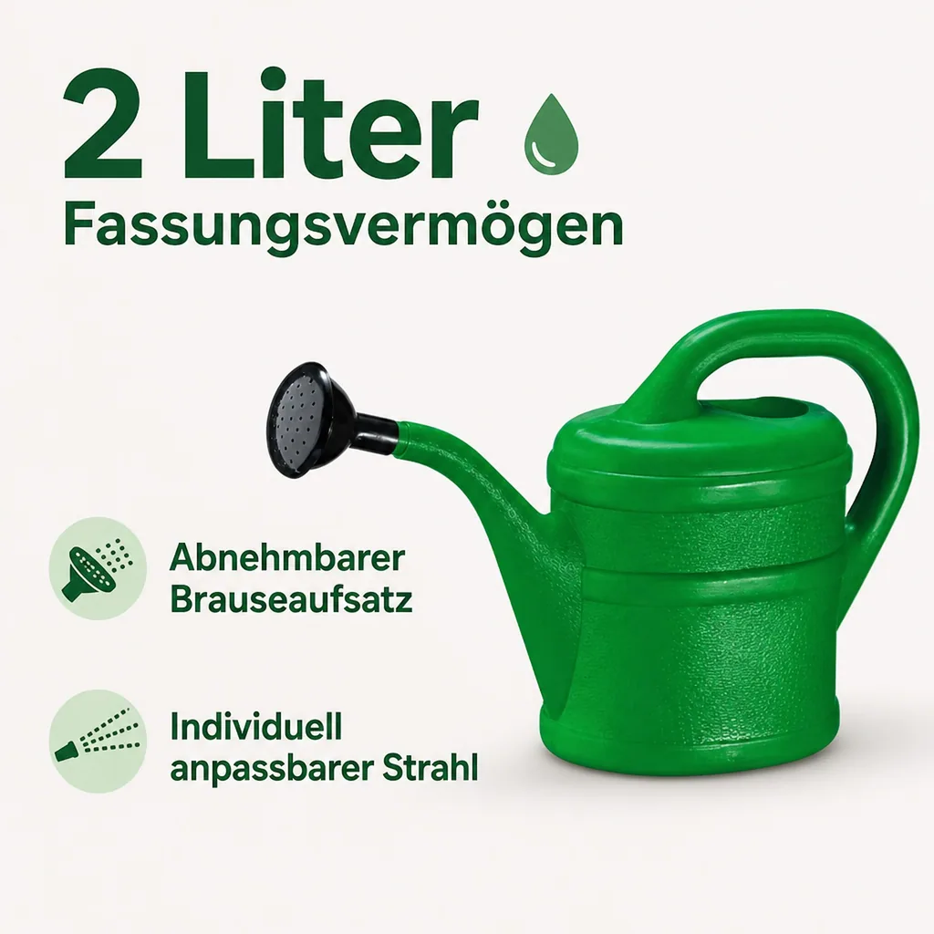 Gießkanne 2 Liter, kleine Kunststoffgießkanne, grün