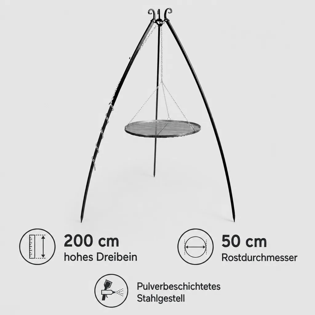 Schwenkgrill 200cm, Grillrost 50cm, Dreibein Schwenkgrill