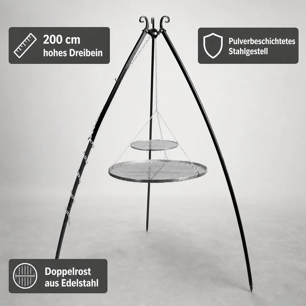 Schwenkgrill, Edelstahl Doppelrost, Dreibein 200 cm