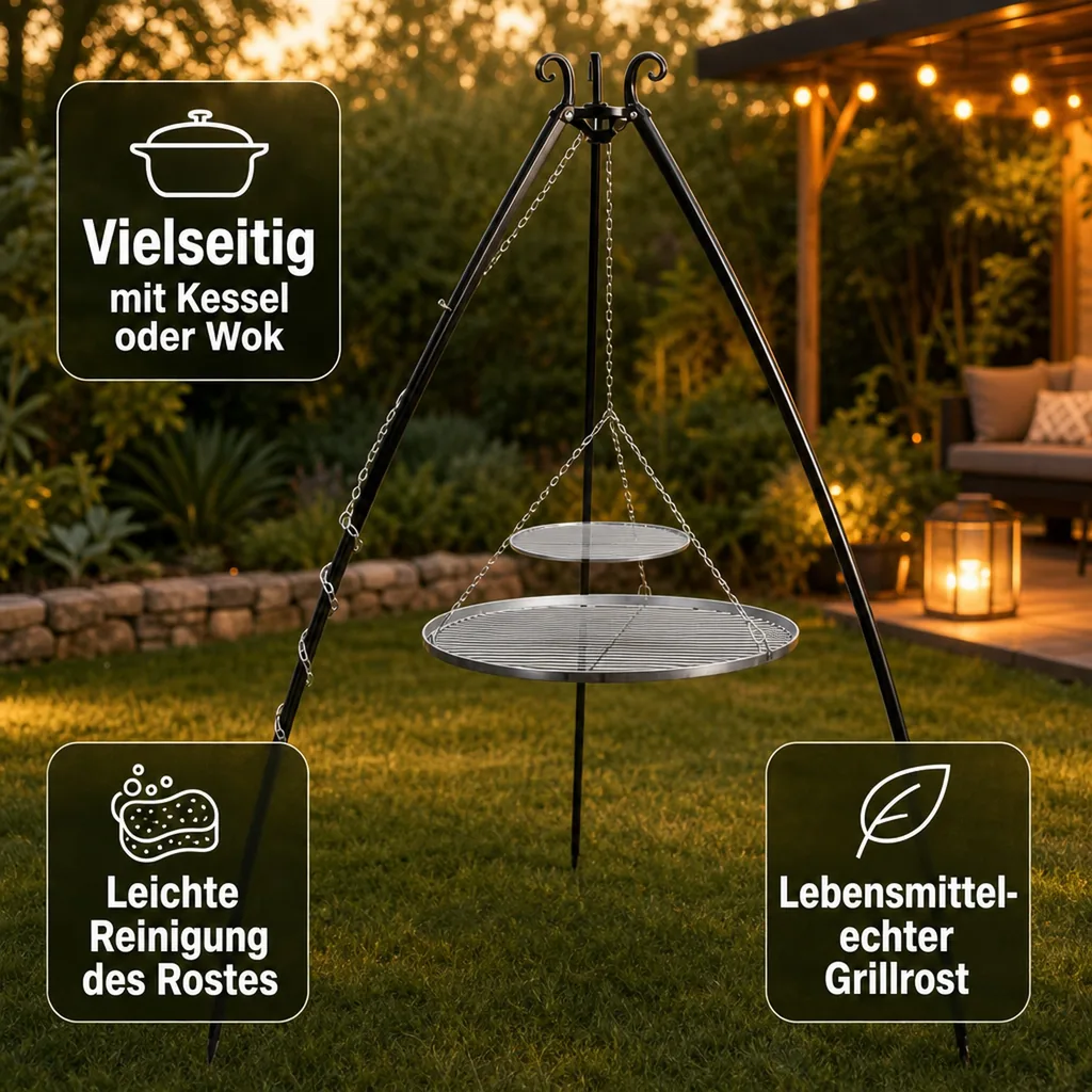 Schwenkgrill, Edelstahl Doppelrost, Dreibein 200 cm
