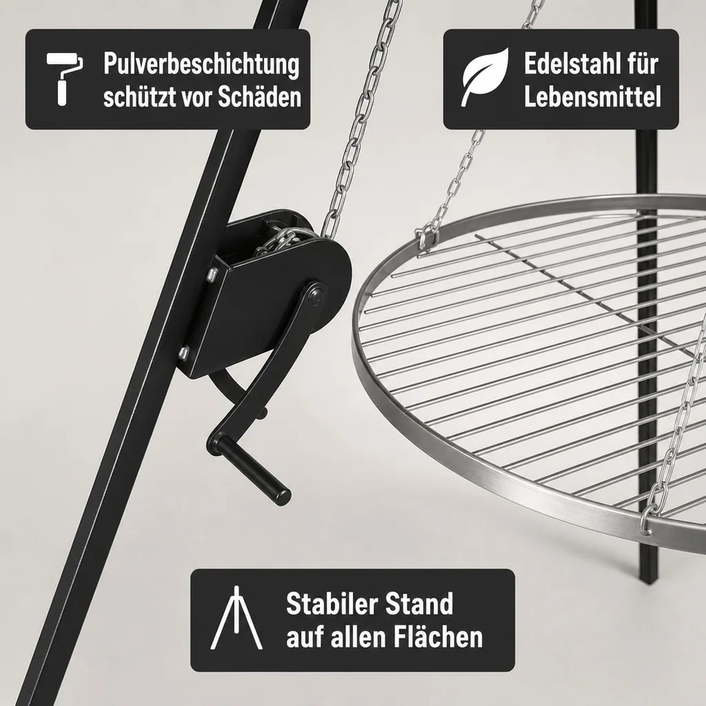 Schwenkgrill, Edelstahl Grillrost 60 cm, Dreibein Grill 200 cm, mit Kurbel