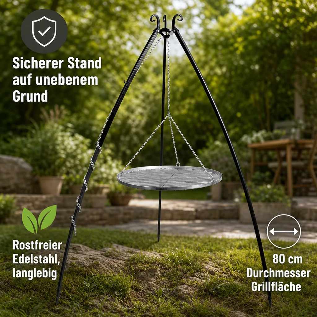 Schwenkgrill, Edelstahl Grillrost 80 cm, Dreibein Grill