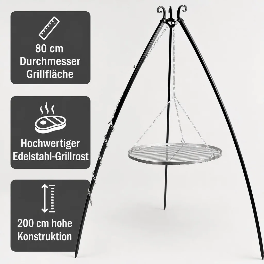Schwenkgrill, Edelstahl Grillrost 80 cm, Dreibein Grill