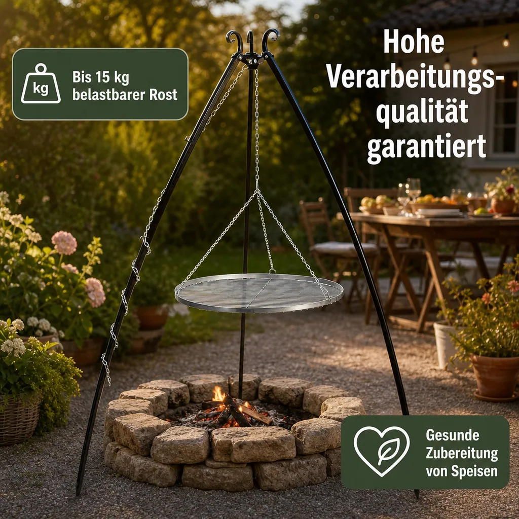 Schwenkgrill, Edelstahl Grillrost 80 cm, Dreibein Grill