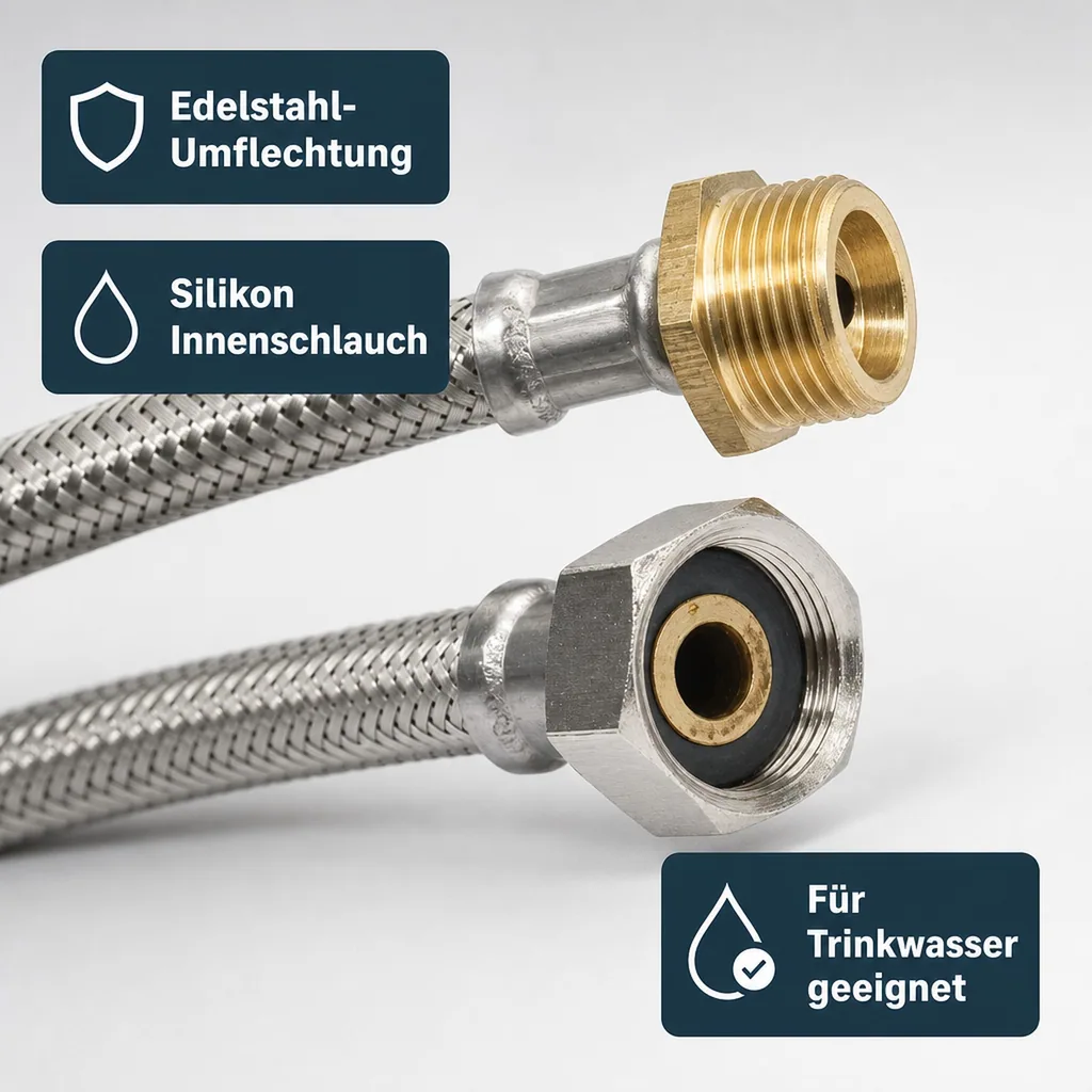 Panzerschlauch 1/2 Zoll, Edelstahl, Flexibel, 1000mm, DVGW